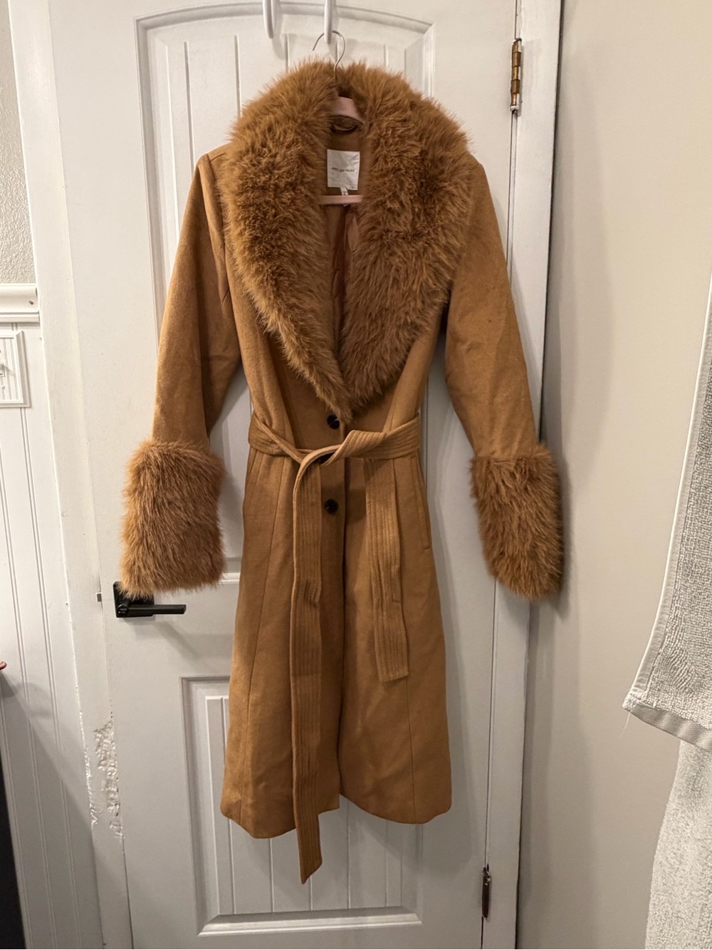 Avec Les Filles Camel Faux-Fur Trim Belted Trench Coat